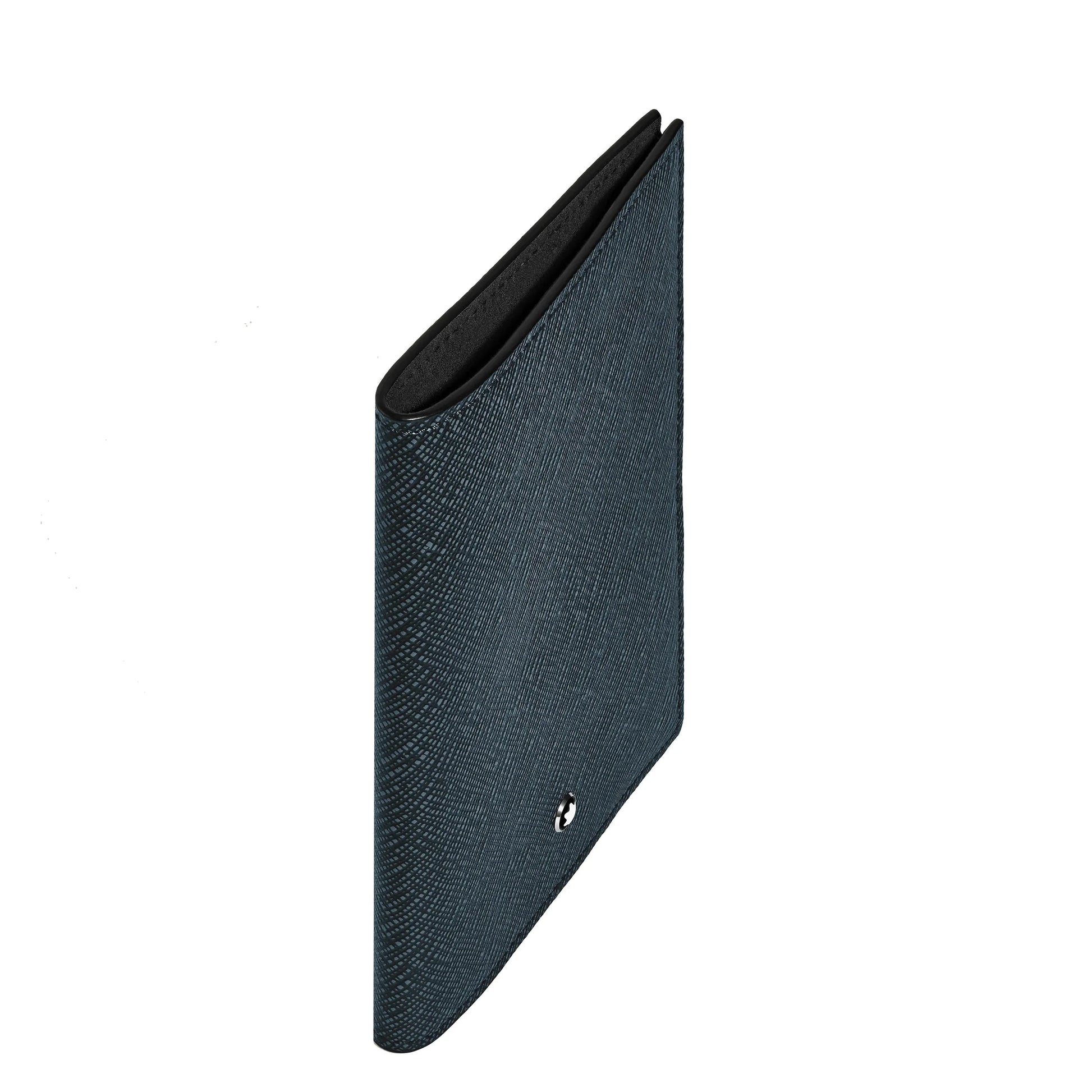 Montblanc passport holder in blue embossed sartorial leather with silver logo and blue tweed trim