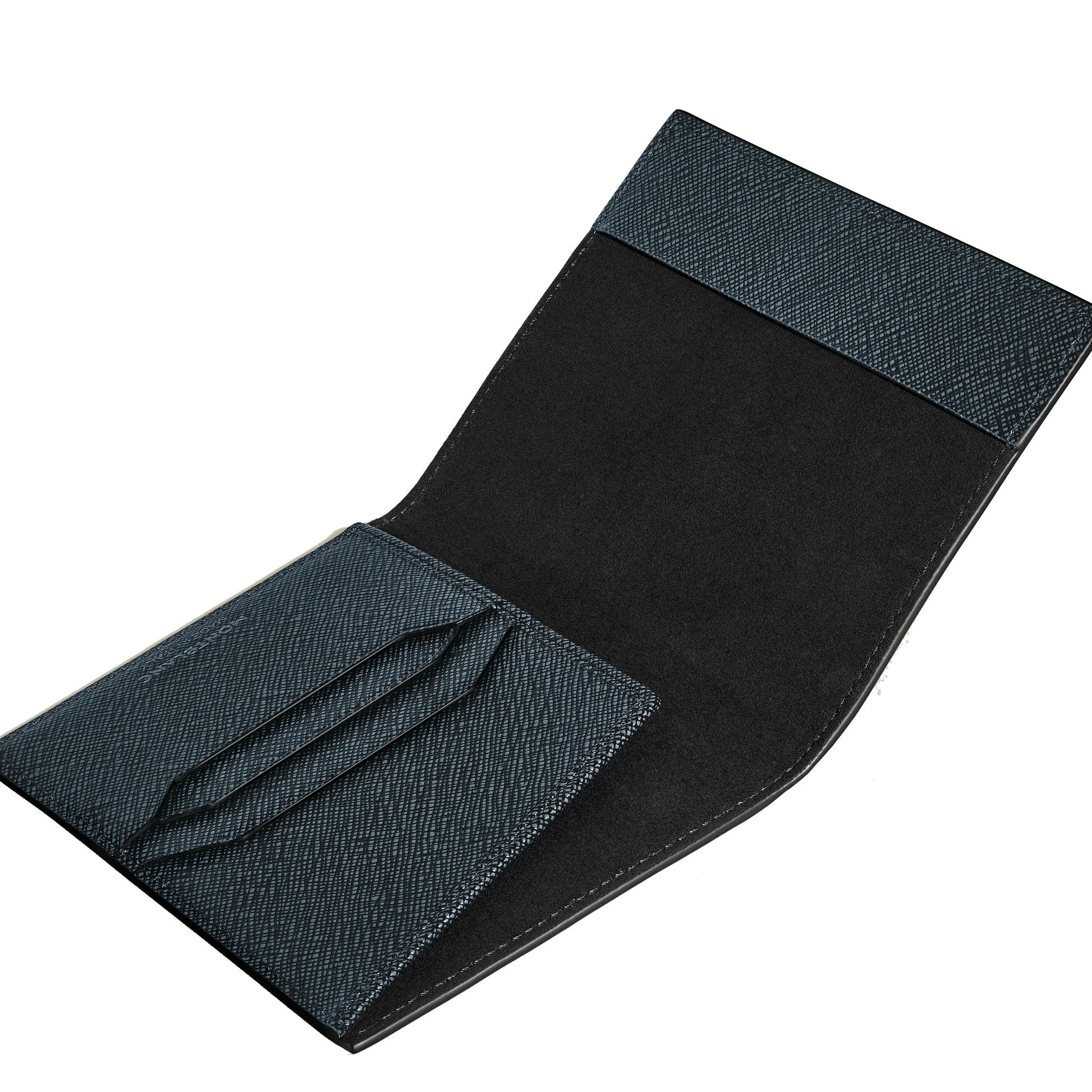 Montblanc passport cover in blue embossed sartorial leather with black suede interior and finished stitching