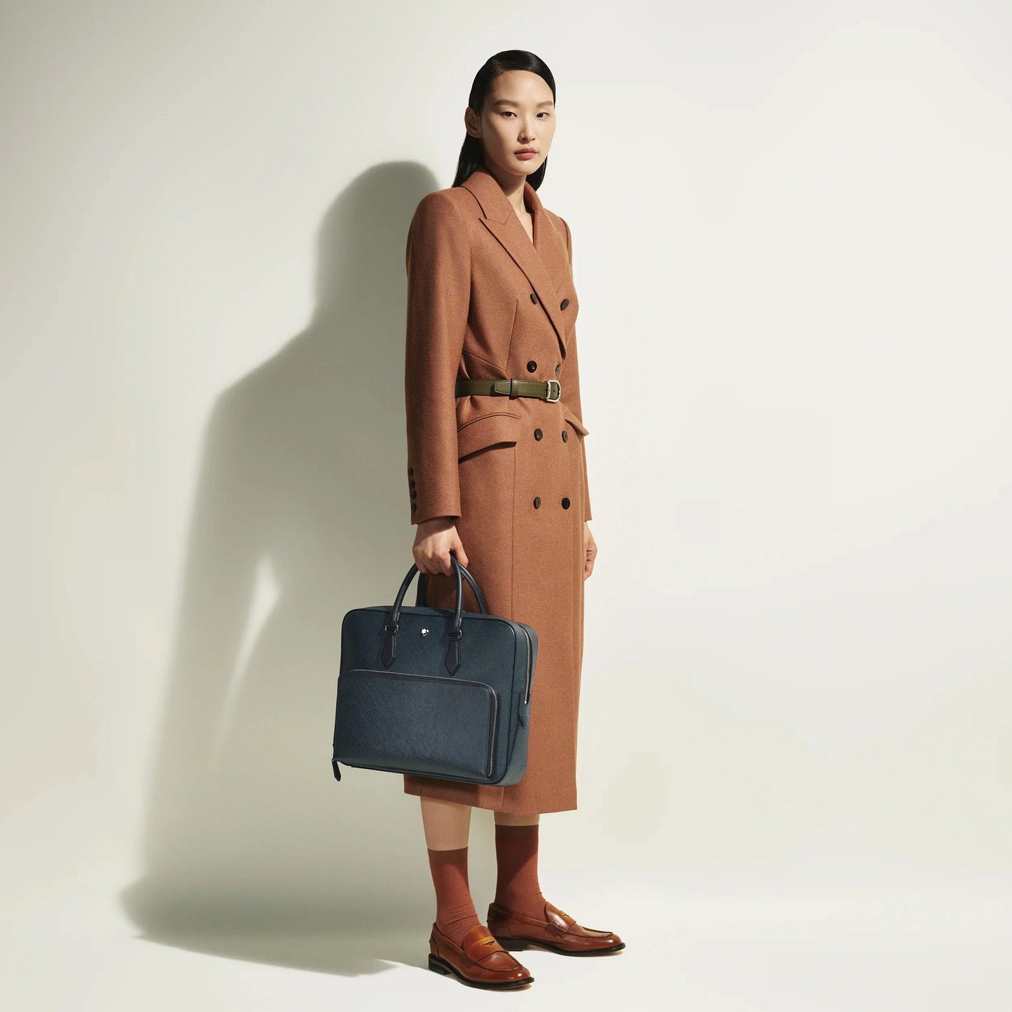 Montblanc Medium Document Case in Blue Tweed with Elegant Briefcase features a spacious main compartment and black leather handles.