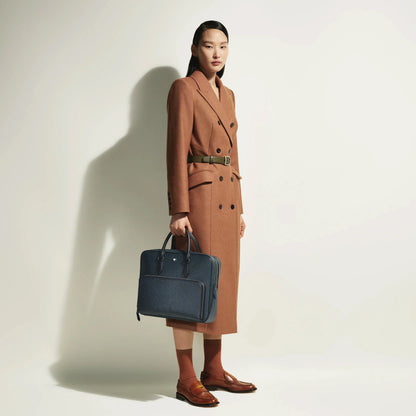 Montblanc Medium Document Case in Blue Tweed with Elegant Briefcase features a spacious main compartment and black leather handles.