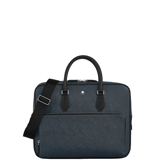 Montblanc borsa portadocumenti media in tweed blu con capiente scomparto principale elegante cartella presenta manici neri