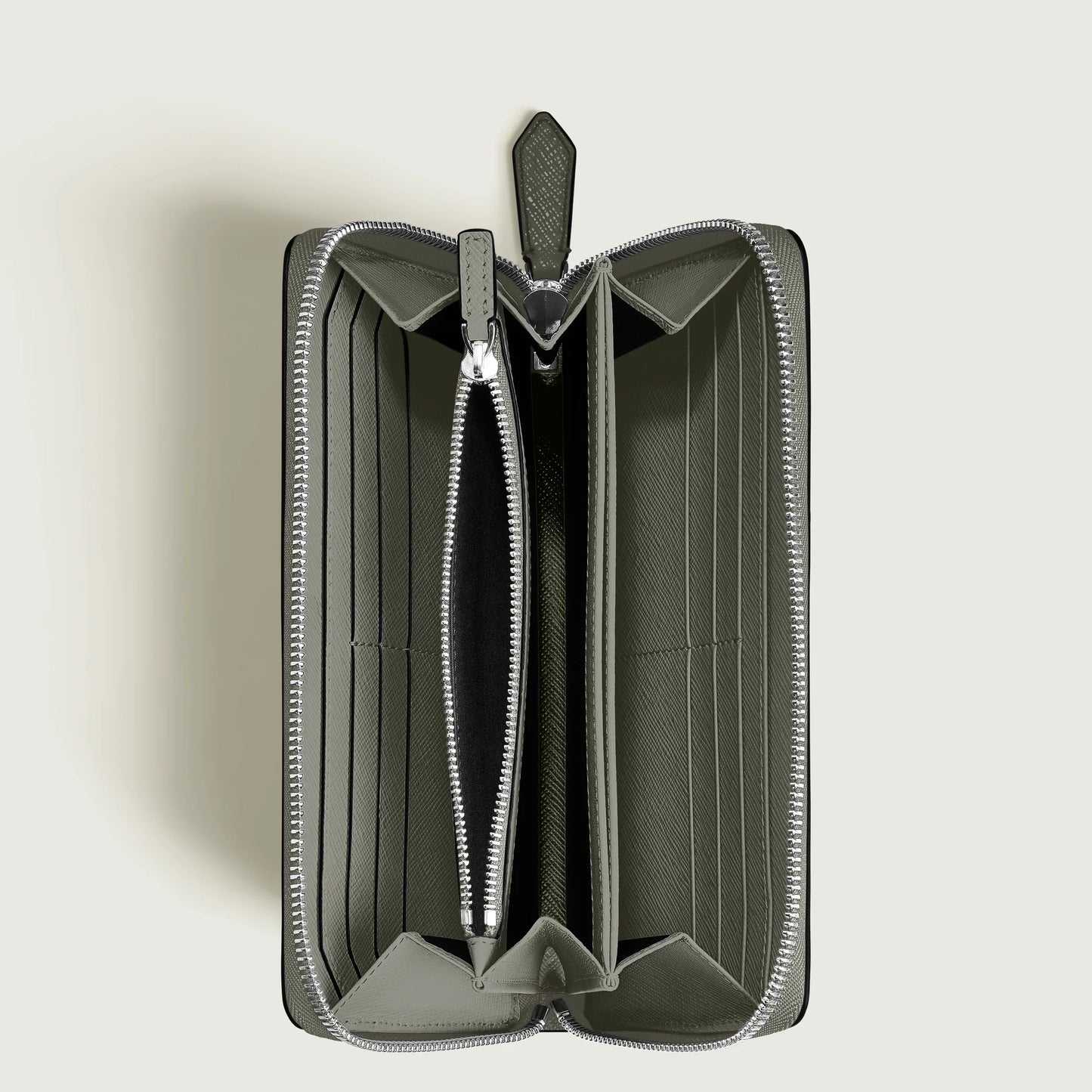 Montblanc wallet in grey saffiano print with 12 compartments and full zip, tailored, versatile accessory