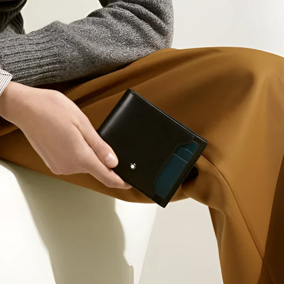 Montblanc wallet in black leather with blue legion panel and removable card holder, elegant and functional