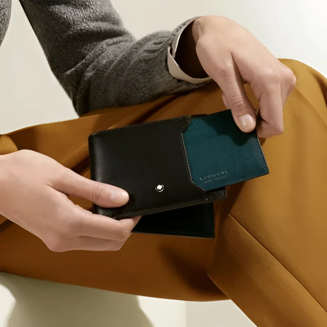 Montblanc Blue Legion Wallet in Black Leather with Teal Panel and Removable Card Holder with Silver Clasp