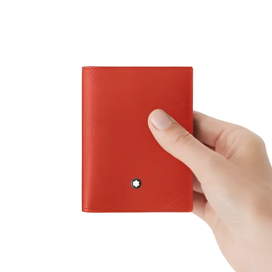 Montblanc Mini Wallet in Coral Red Saffiano Leather with Silver Emblem and Coral Tailored Compartments