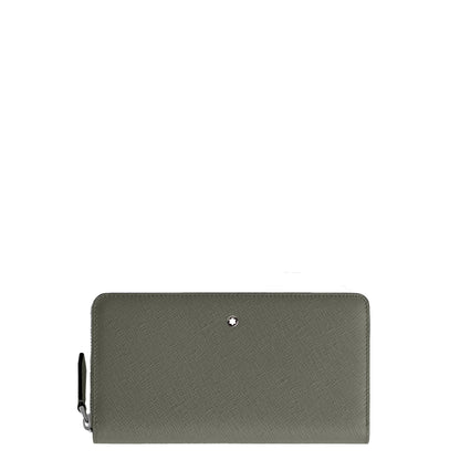 Montblanc olive green wallet in grey saffiano leather with a full tailored zip and metal logo.