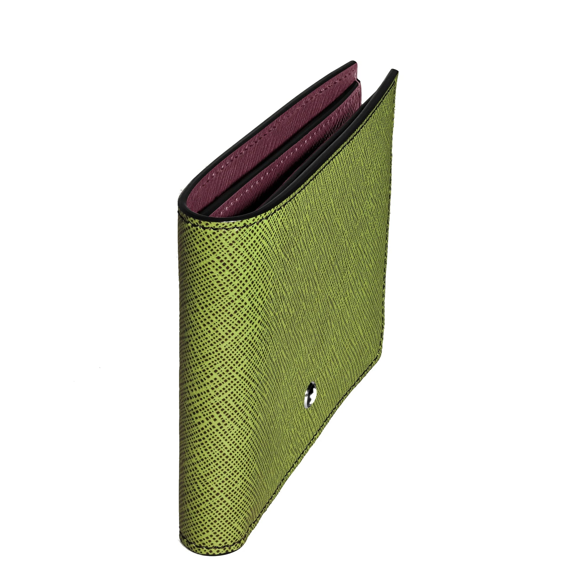 Montblanc 8-compartment multi-file wallet in green saffiano-print leather with burgundy interior and black stitching