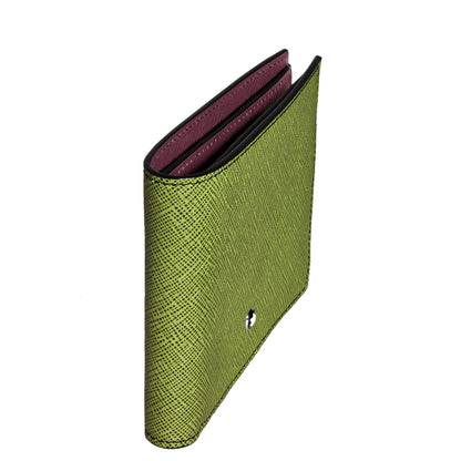 Montblanc 8-compartment multi-file wallet in green saffiano-print leather with burgundy interior and black stitching