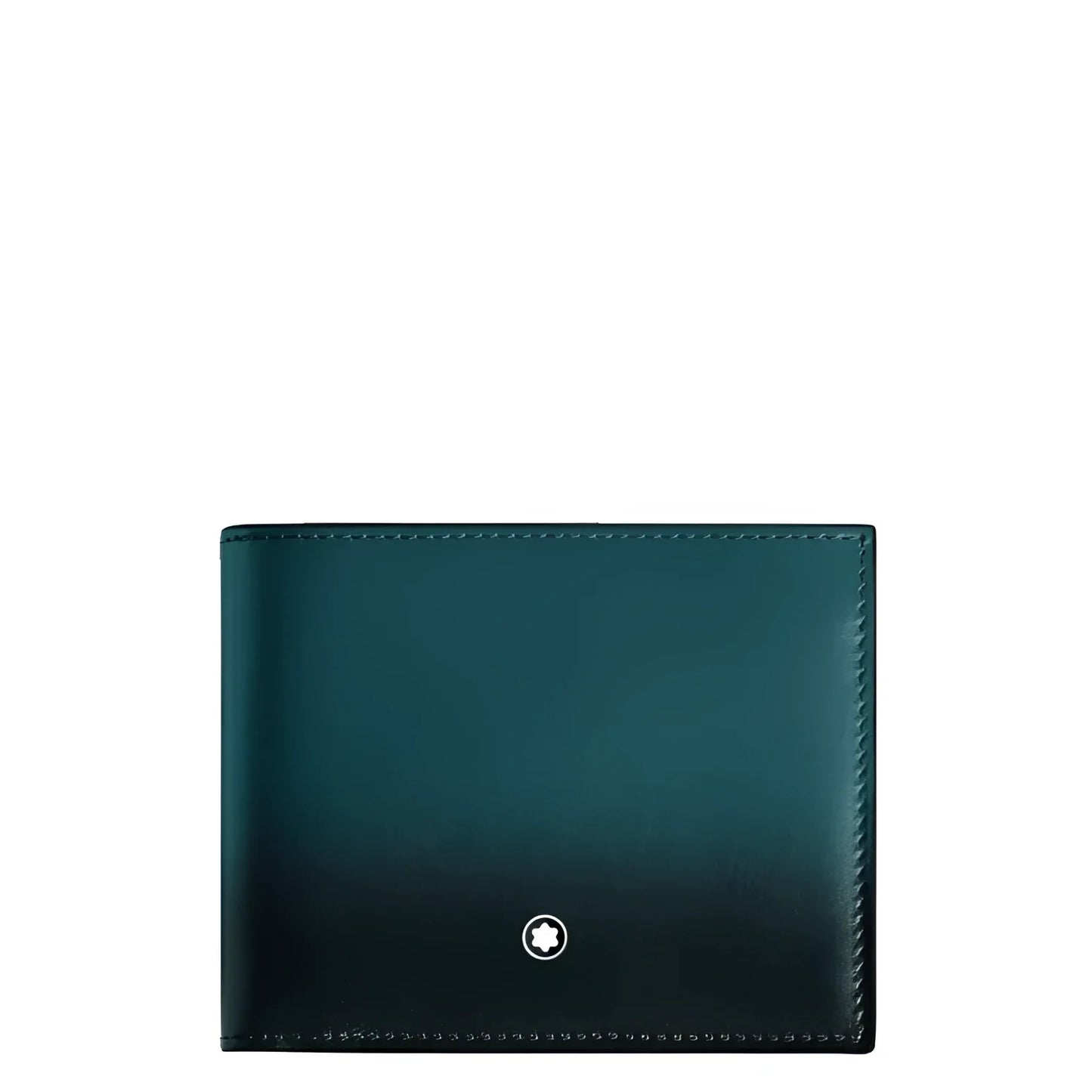 Montblanc Meisterst�ck wallet in Cyprus blue leather with dark green gradient finish and silver logo in the center.