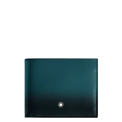 Montblanc Meisterst�ck wallet in Cyprus blue leather with dark green gradient finish and silver logo in the center.