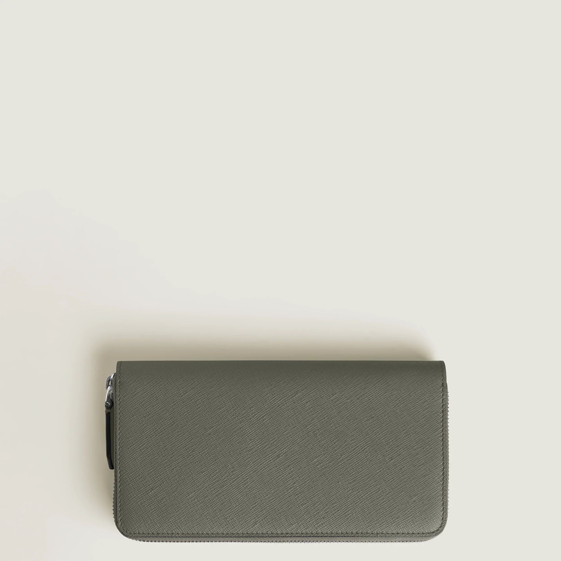 Montblanc wallet in olive green leather with grey saffiano print and full zip, a versatile, tailored accessory.
