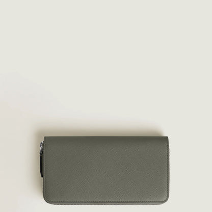 Montblanc wallet in olive green leather with grey saffiano print and full zip, a versatile, tailored accessory.