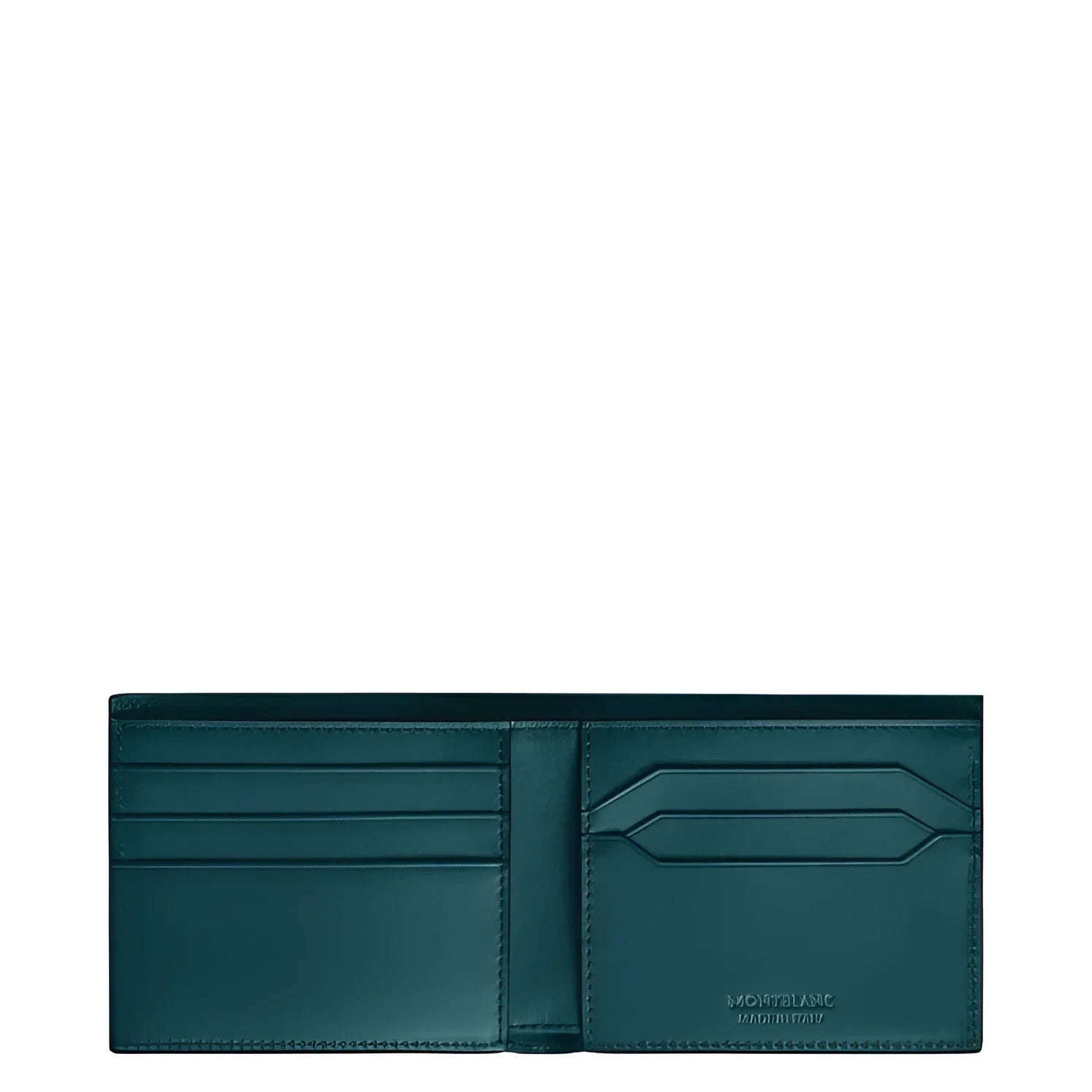 Montblanc Meisterst�ck wallet in Cyprus blue leather with embossed logo and Made in Italy lettering in dark green.