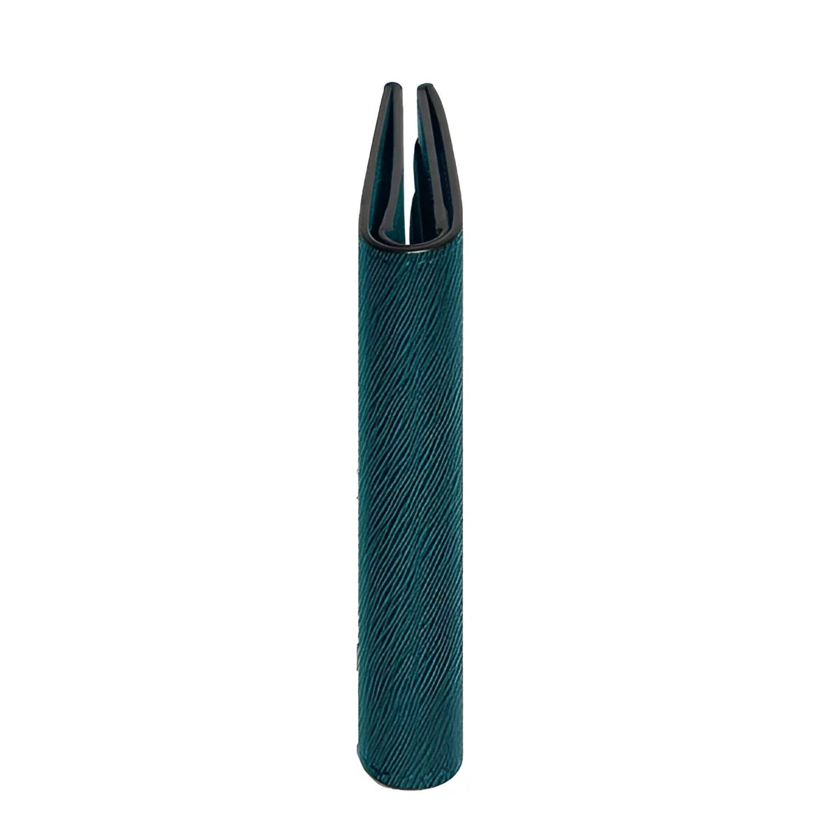 Montblanc mini wallet in Cyprus blue with a teal cylindrical texture and a black closure divided into four compartments.