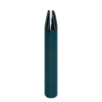 Montblanc mini wallet in Cyprus blue with a teal cylindrical texture and a black closure divided into four compartments.