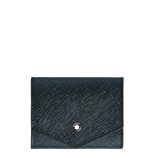 Portamonete montblanc pelle sartorial goffrata nero con chiusura a stella argento raffinata combinazione bicolore tweed blu