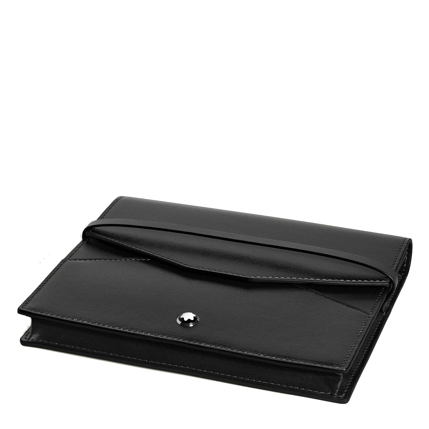 Montblanc writing instrument case for 8 writing instruments in luxurious black leather with silver button closure and precise stitching