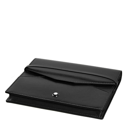 Montblanc writing instrument case for 8 writing instruments in luxurious black leather with silver button closure and precise stitching