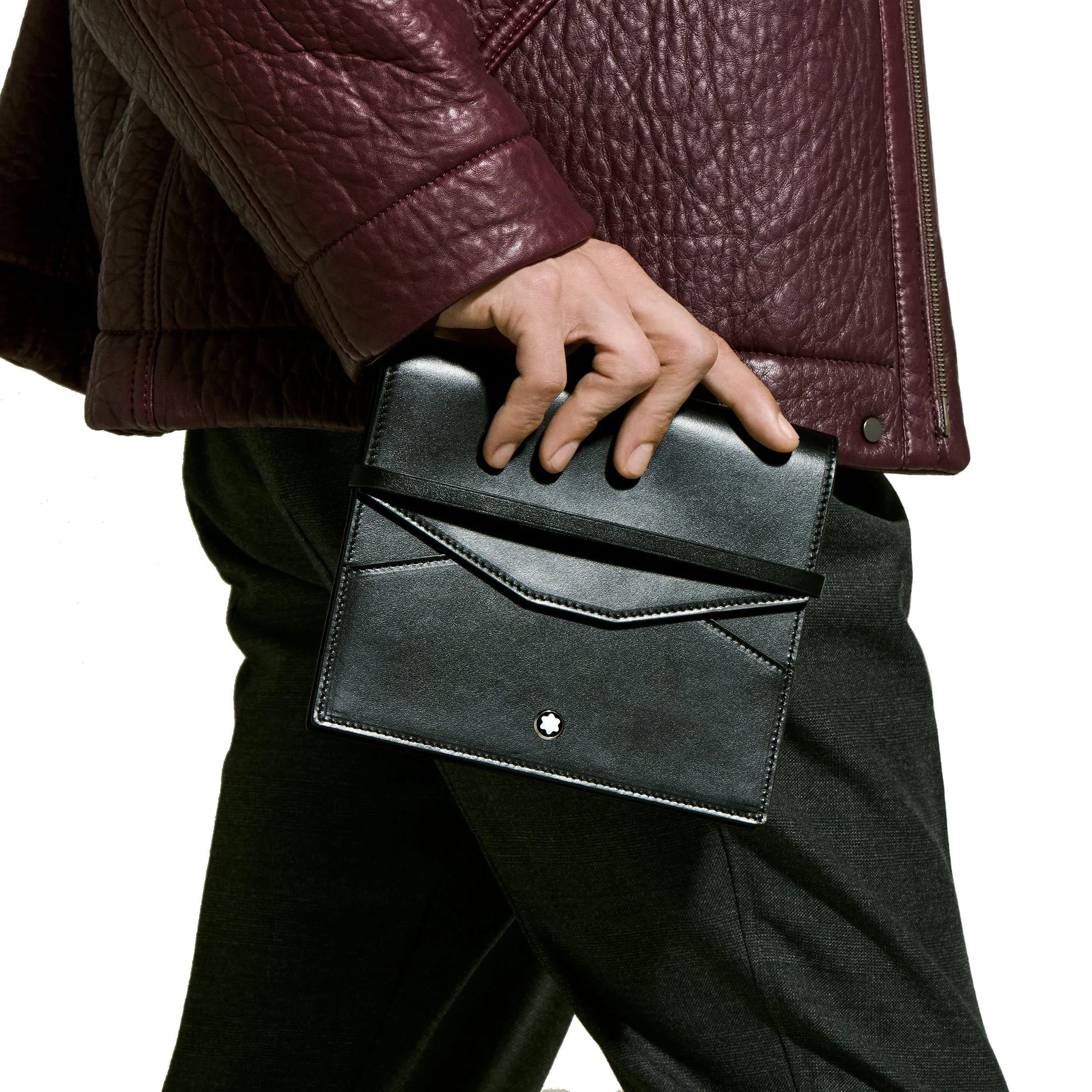 Montblanc luxury black leather pouch with envelope flap closure and emblem for 8 writing instruments