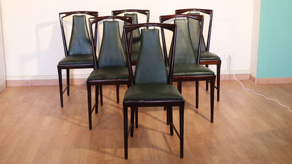 Set of 6 Mid-Century Chairs by Osvaldo Borsani, Atelier Borsani Varedo, Mahogany, Rosewood, Leather, and Brass, Italy, 1950s