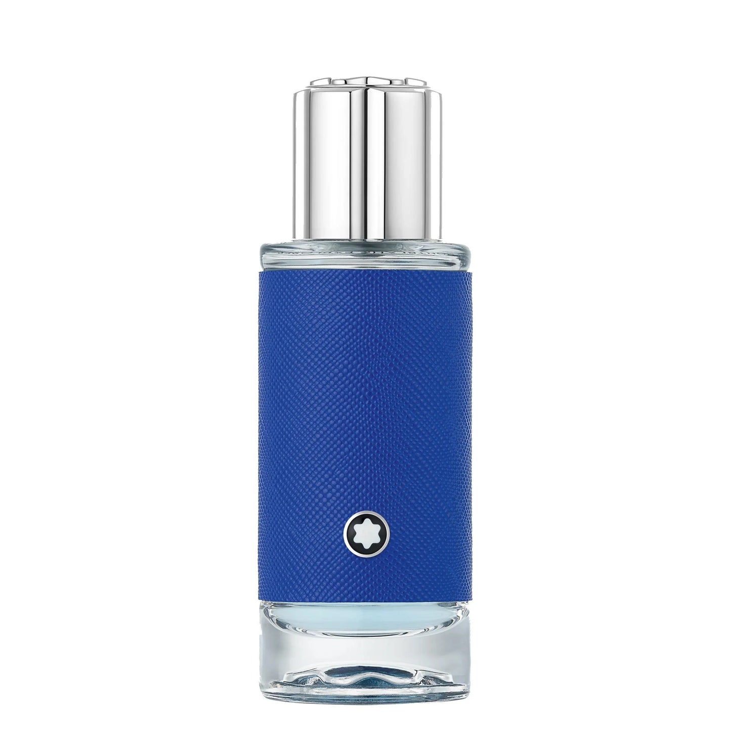 Montblanc explorer ultra blue 30ml perfume bottle with blue leather trim and silver cap for refined charisma narrating