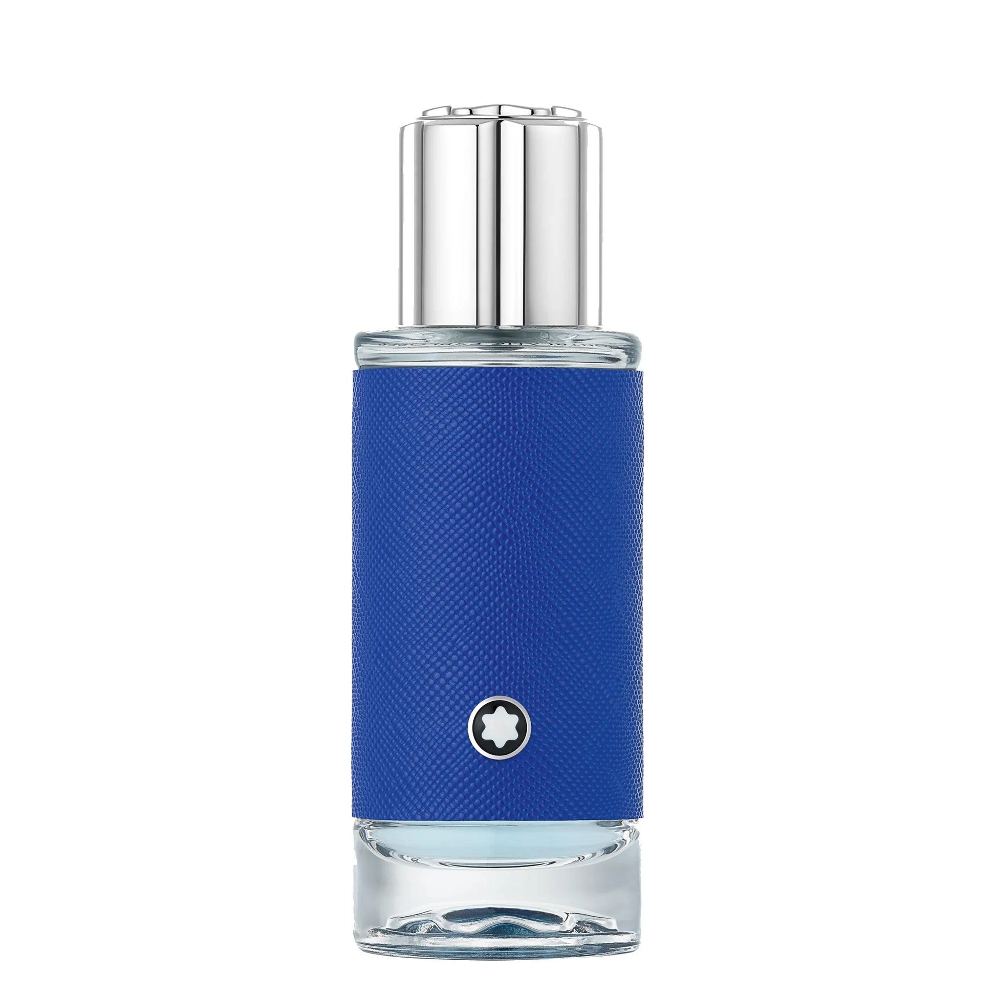 Montblanc explorer ultra blue 30ml perfume bottle with blue leather trim and silver cap for refined charisma narrating