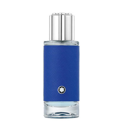 Montblanc explorer ultra blue 30ml perfume bottle with blue leather trim and silver cap for refined charisma narrating