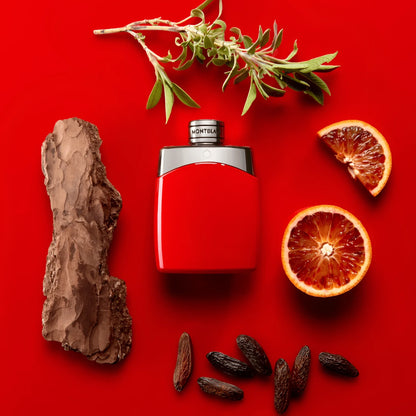 Vibrant red bottle Montblanc Legend Red Eau de Parfum 100ml with silver cap and minimalist rectangular design