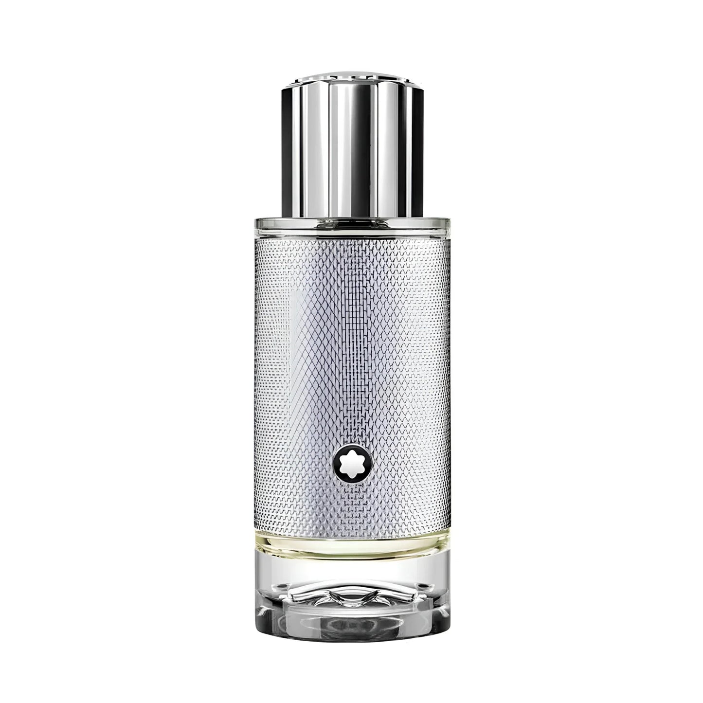 Montblanc Explorer Platinum 30ml perfume bottle in silver-plated glass with ribbed metal cap and Montblanc logo