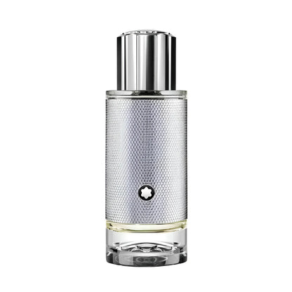 Montblanc Explorer Platinum 30ml perfume bottle in silver-plated glass with ribbed metal cap and Montblanc logo