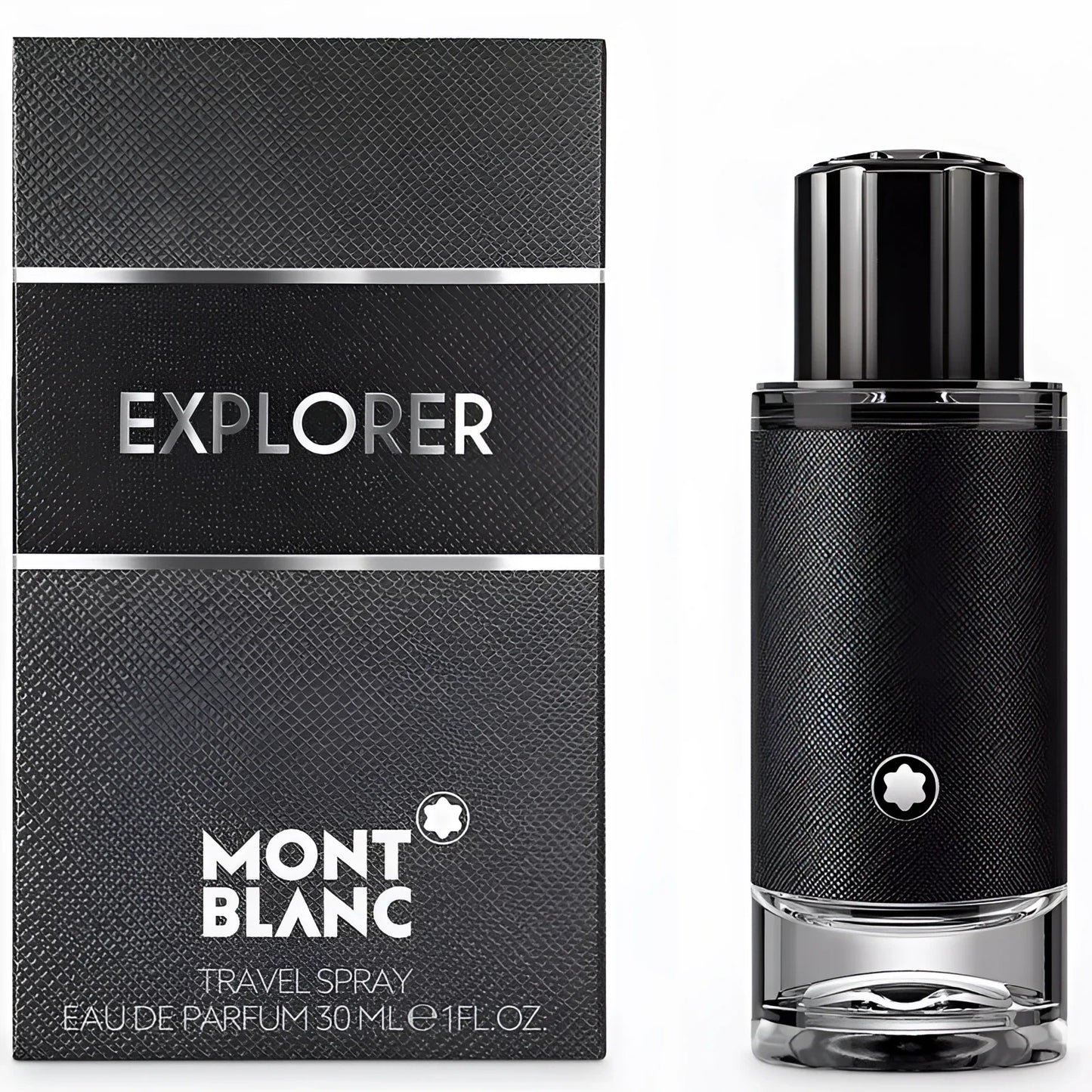 Montblanc Explorer Eau de Parfum 30ml spray bottle, textured black with silver details, modern design.