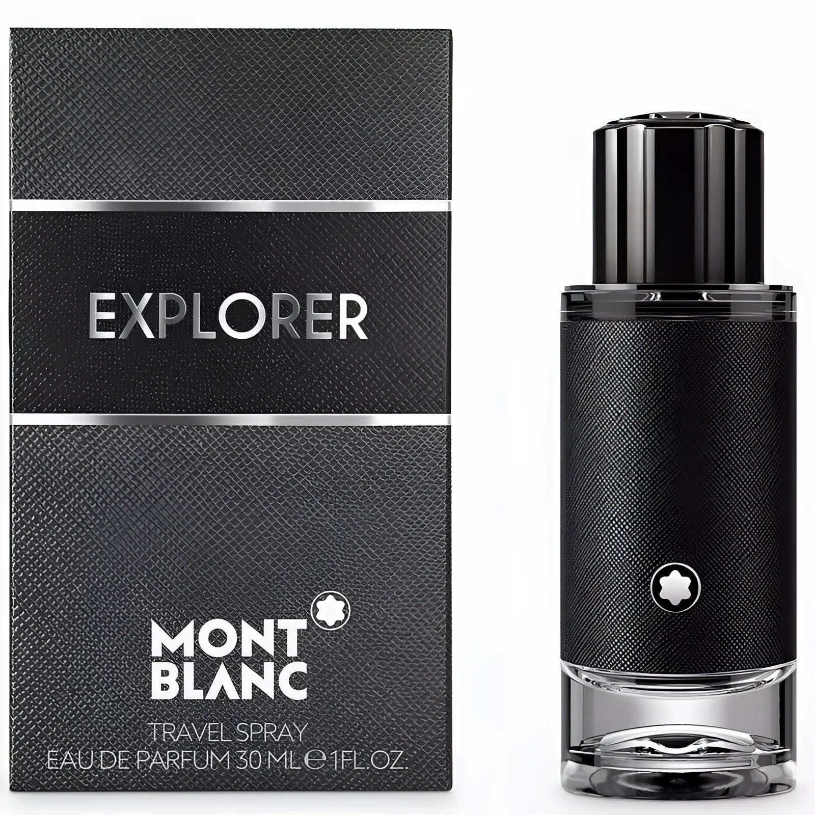 Montblanc Explorer Eau de Parfum 30ml spray bottle, textured black with silver details, modern design.
