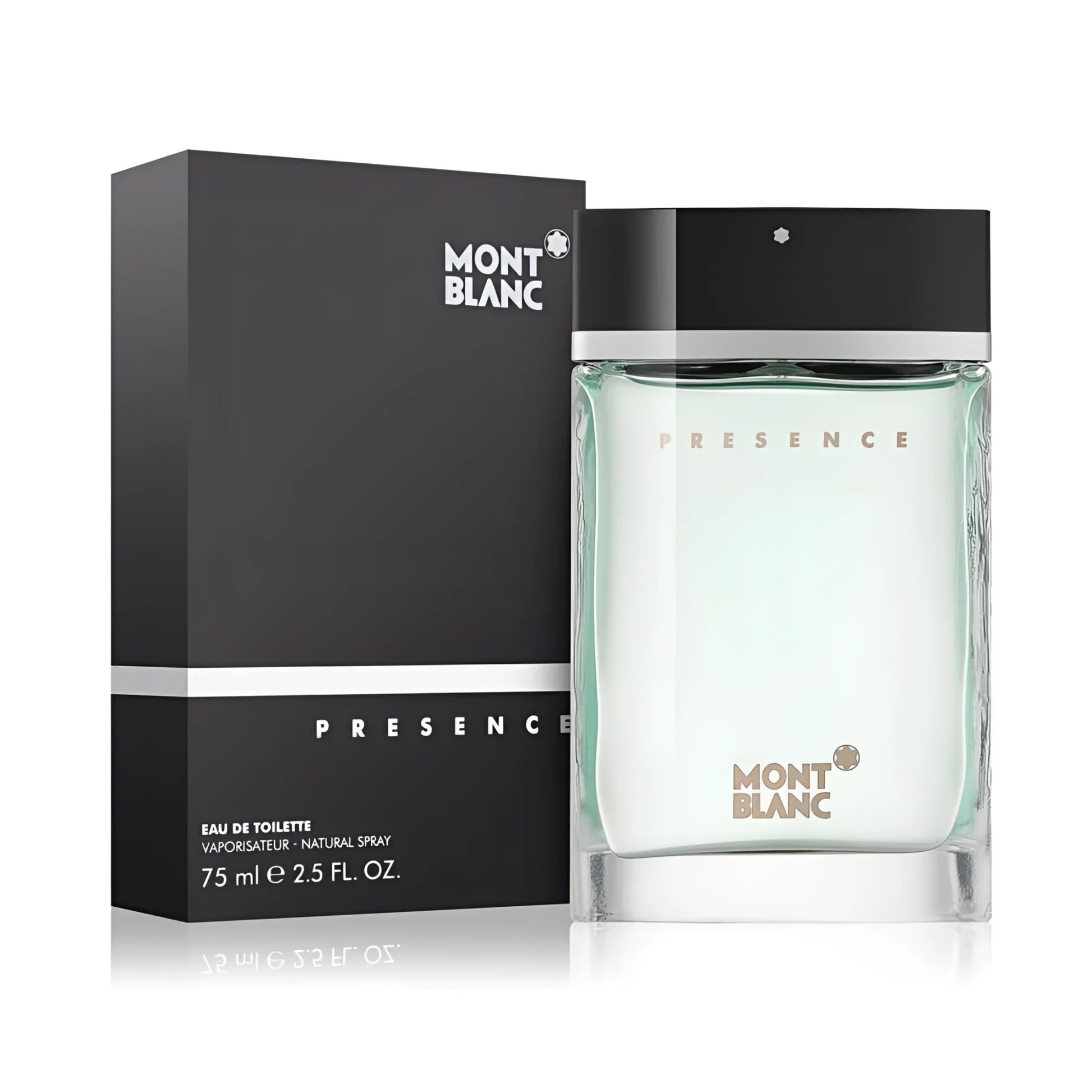 Montblanc presence eau de toilette 75ml mb001a01 in a transparent glass bottle with light green liquid and black cap