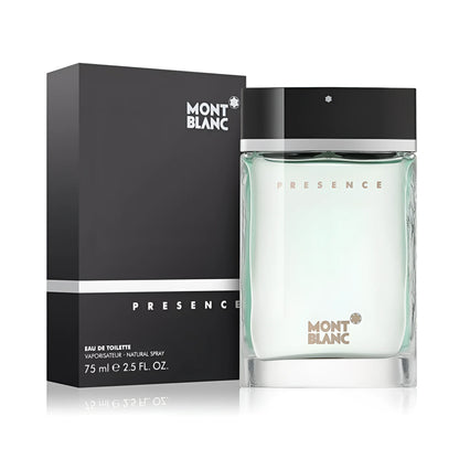 Montblanc presence eau de toilette 75ml mb001a01 in a transparent glass bottle with light green liquid and black cap