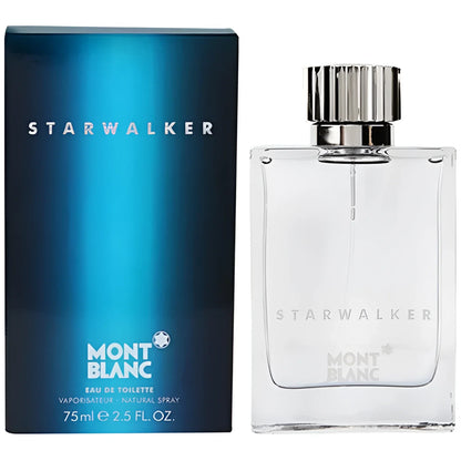 Montblanc Starwalker Eau de Toilette 75ml MB005A01 in a clear glass bottle with a silver cap and blue packaging.