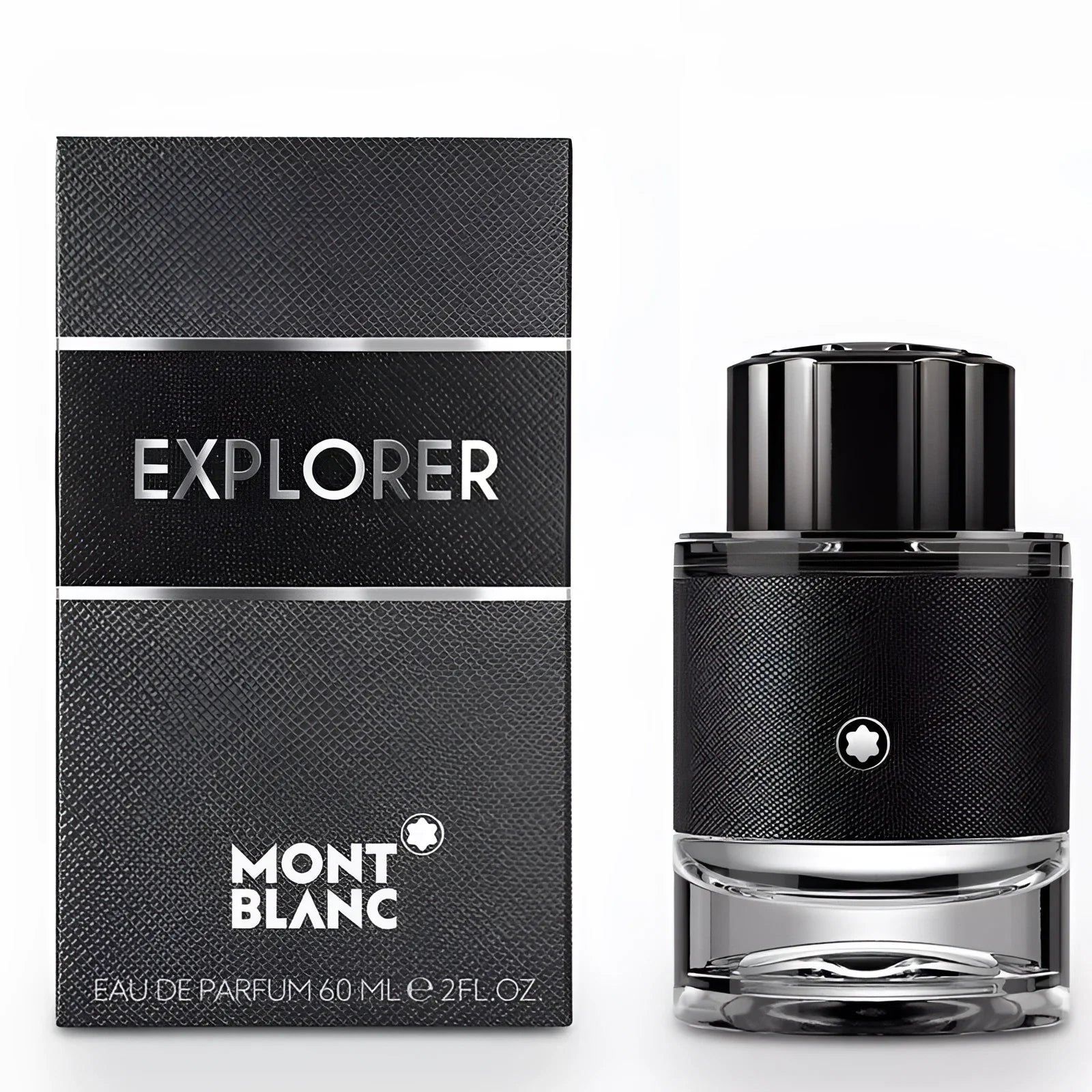 Montblanc Explorer Eau de Parfum 60ml in a textured black bottle with a shiny cap next to the matching box
