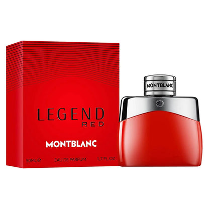 Vibrant red bottle of Montblanc Legend Red Eau de Parfum 50ml with silver cap and matching packaging.