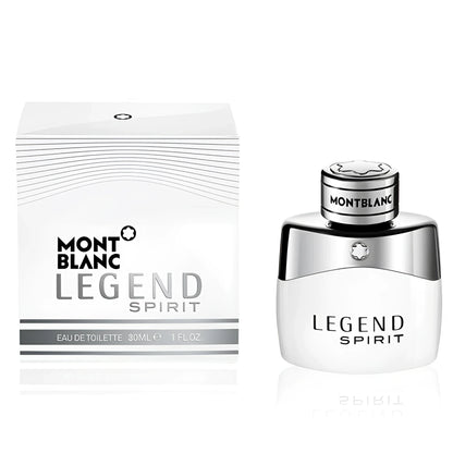 Montblanc Legend Spirit Eau de Toilette 30ml in a white and silver bottle with elegant matching packaging.