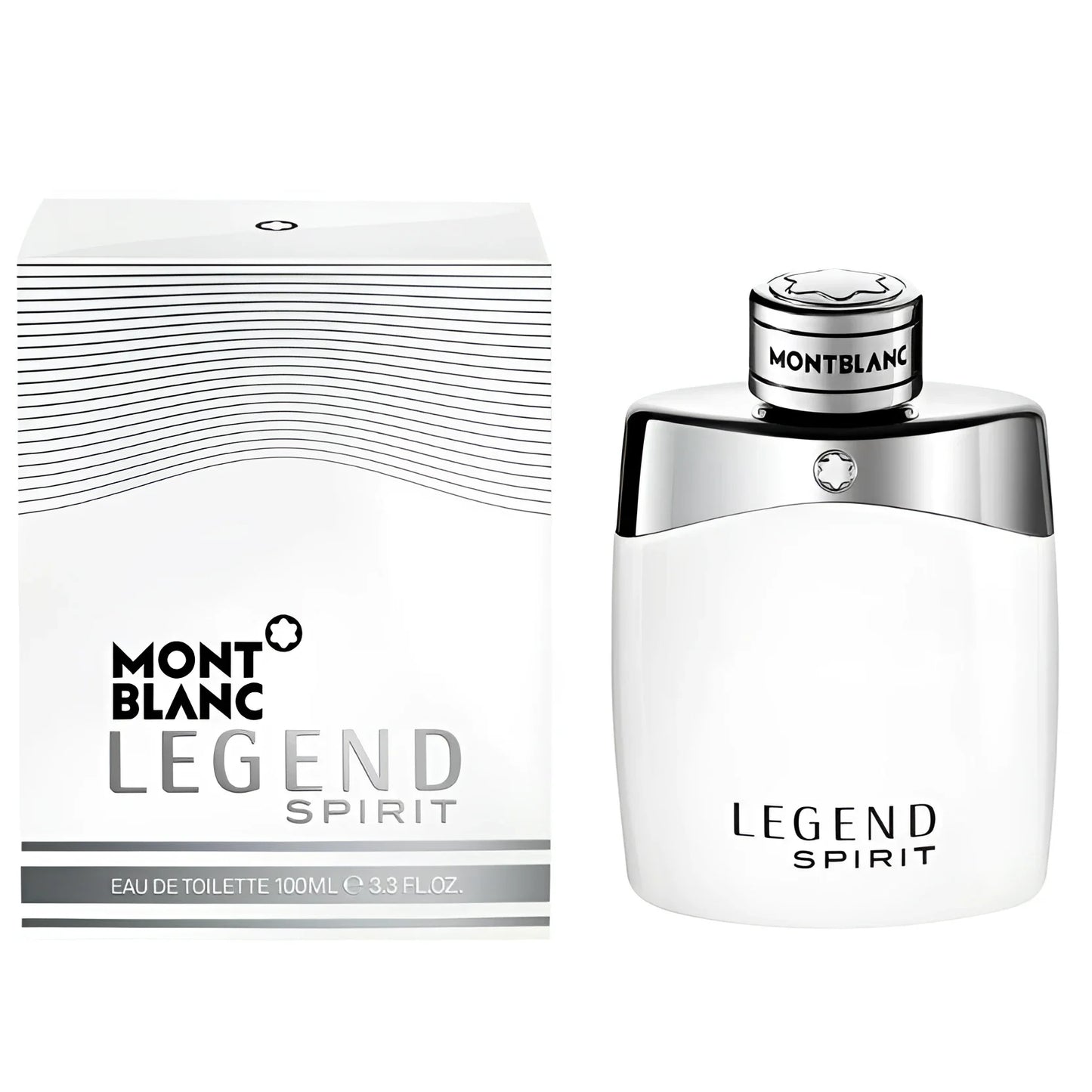 Montblanc Legend Spirit Eau de Toilette 100ml in an elegant white bottle with silver details and minimalist packaging.