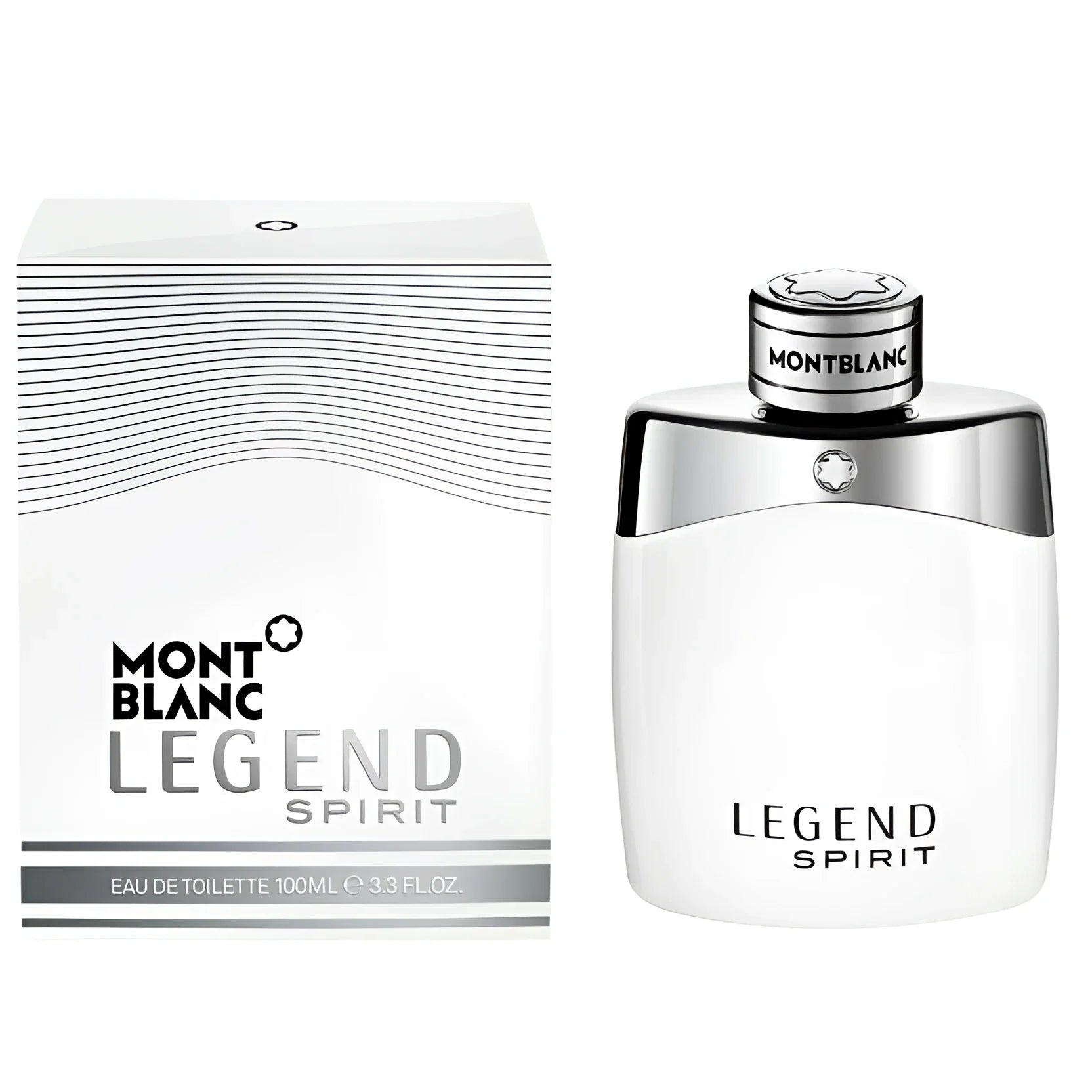 Montblanc Legend Spirit Eau de Toilette 100ml in an elegant white bottle with silver details and minimalist packaging.