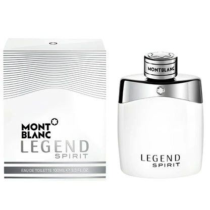 Montblanc Legend Spirit Eau de Toilette 100ml in an elegant white bottle with silver details and minimalist packaging.