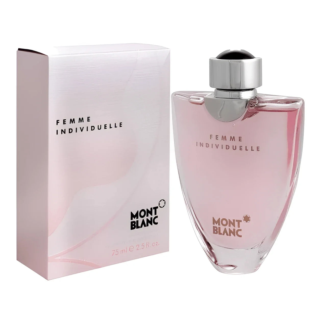 Mont blanc individueller femme l'eau de toilette 75ml mb004a01 with pink liquid in clear glass bottle and pale pink packaging