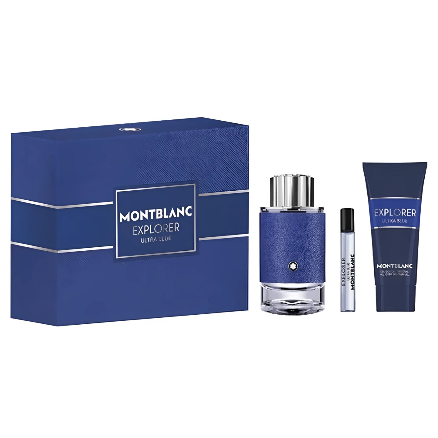 Set regalo montblanc explorer ultra blue con eau de parfum 100ml flacone blu, spray da viaggio 7.5ml e lozione corpo 100ml