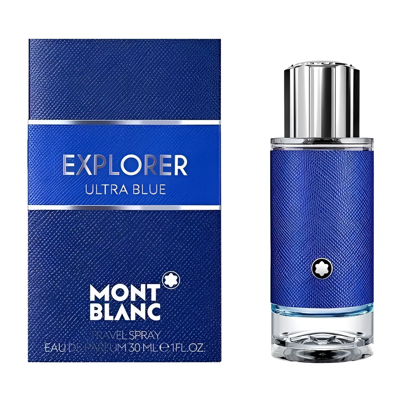 Montblanc Explorer Ultra Blue Eau de Parfum 30ml in a vibrant blue bottle with a silver cap and matching packaging.