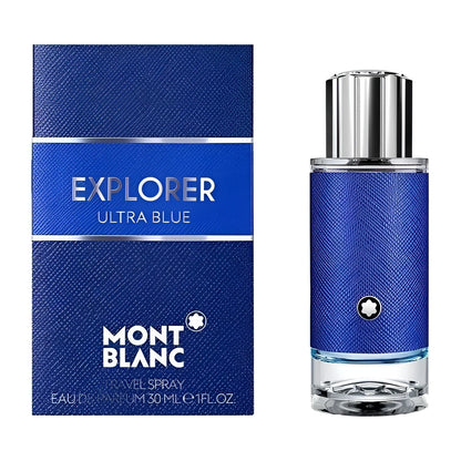 Montblanc Explorer Ultra Blue Eau de Parfum 30ml in a vibrant blue bottle with a silver cap and matching packaging.
