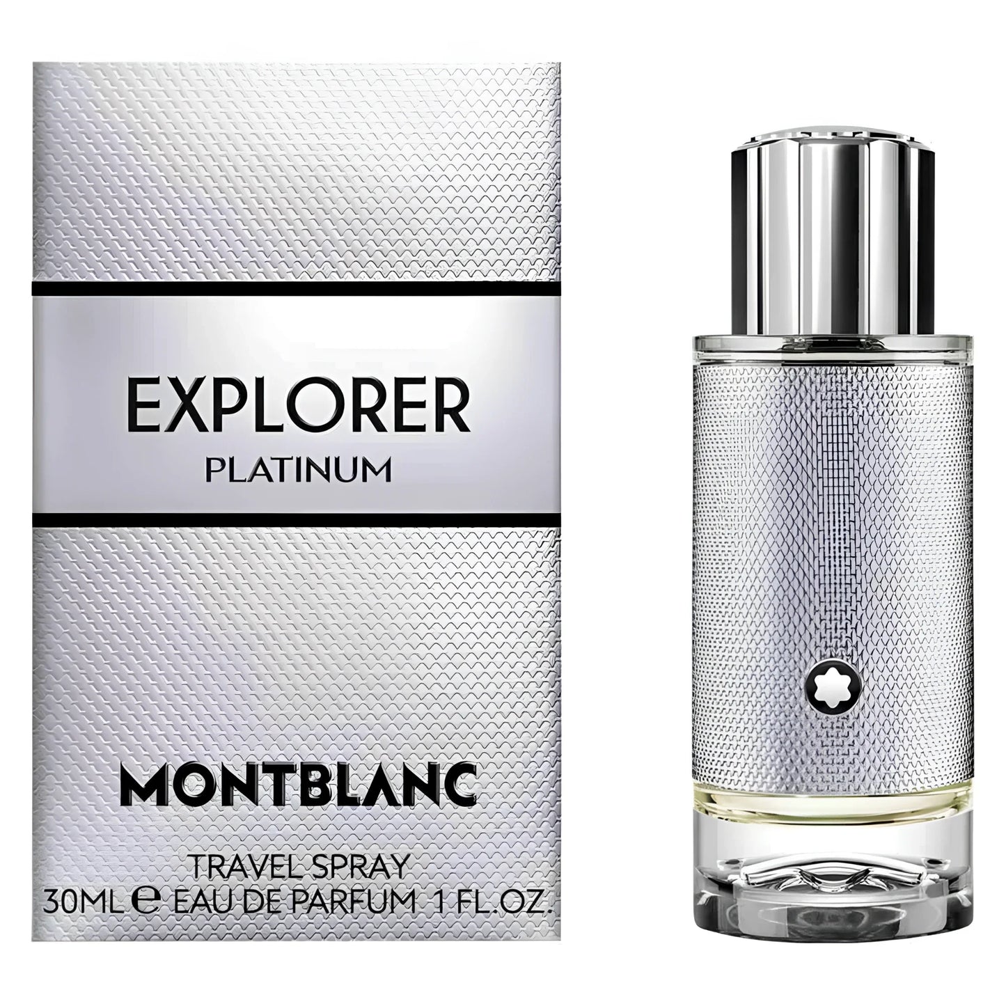 Montblanc Explorer Platinum Eau de Parfum 30ml in an elegant platinum travel spray bottle with a polished chrome cap.