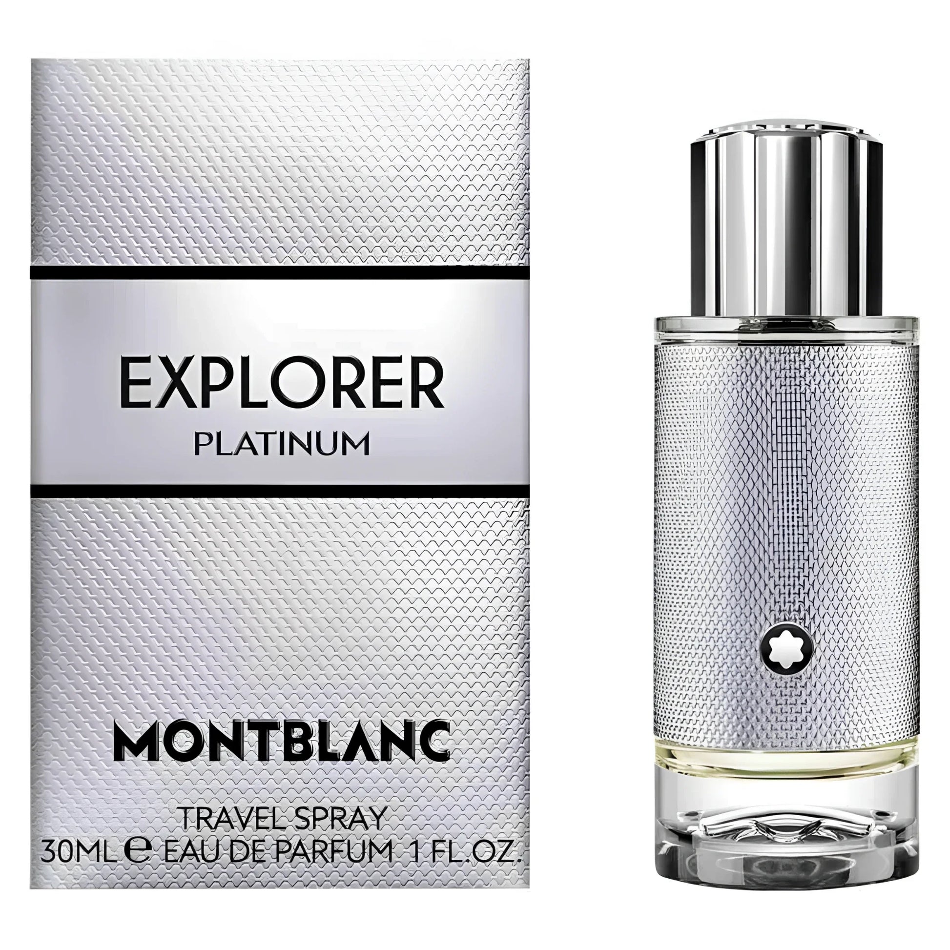 Montblanc Explorer Platinum Eau de Parfum 30ml in an elegant platinum travel spray bottle with a polished chrome cap.