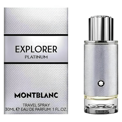Montblanc Explorer Platinum Eau de Parfum 30ml in an elegant platinum travel spray bottle with a polished chrome cap.