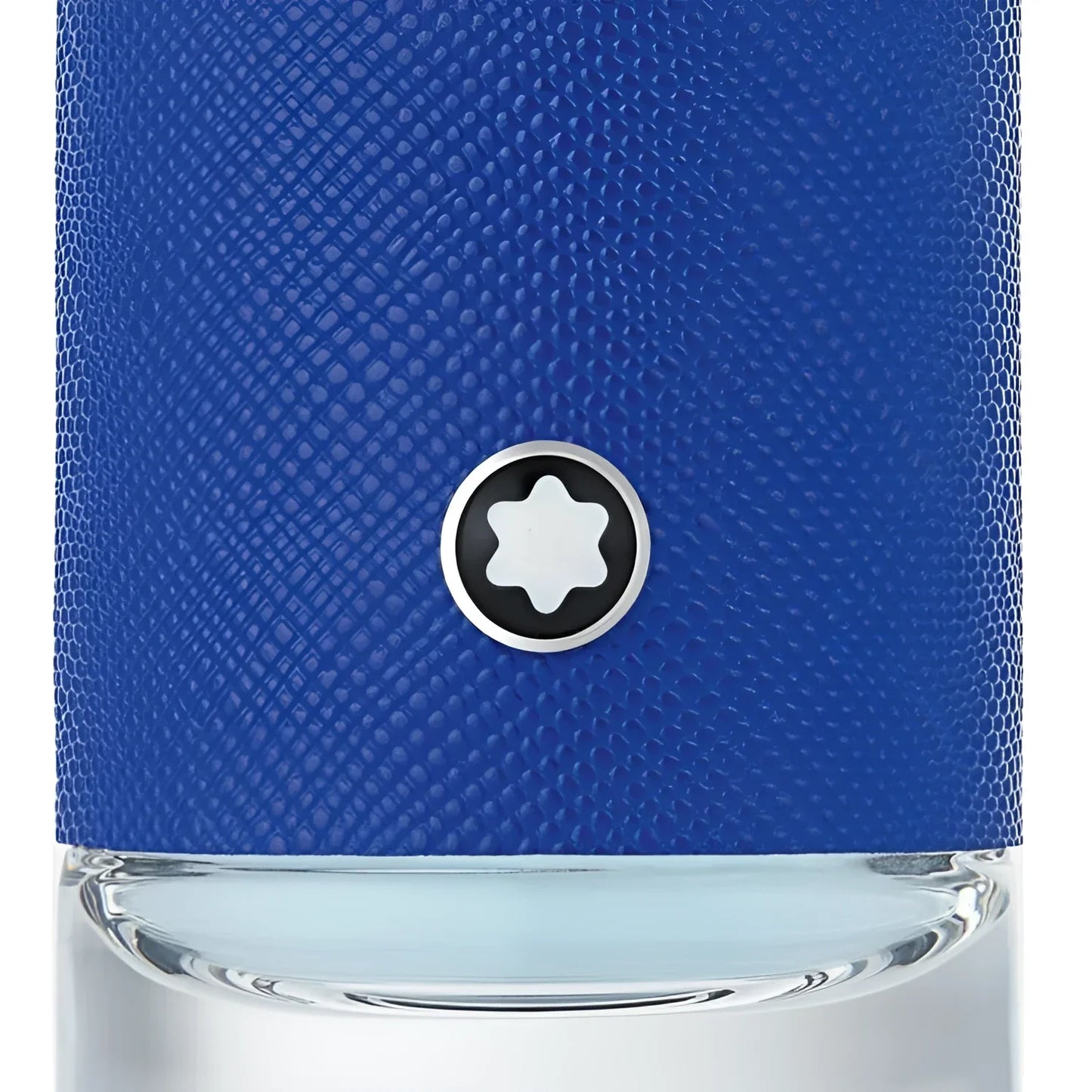 Blue textured leather bottle cap with silver and black montblanc star emblem for montblanc explorer ultra blue charisma refined storytelling