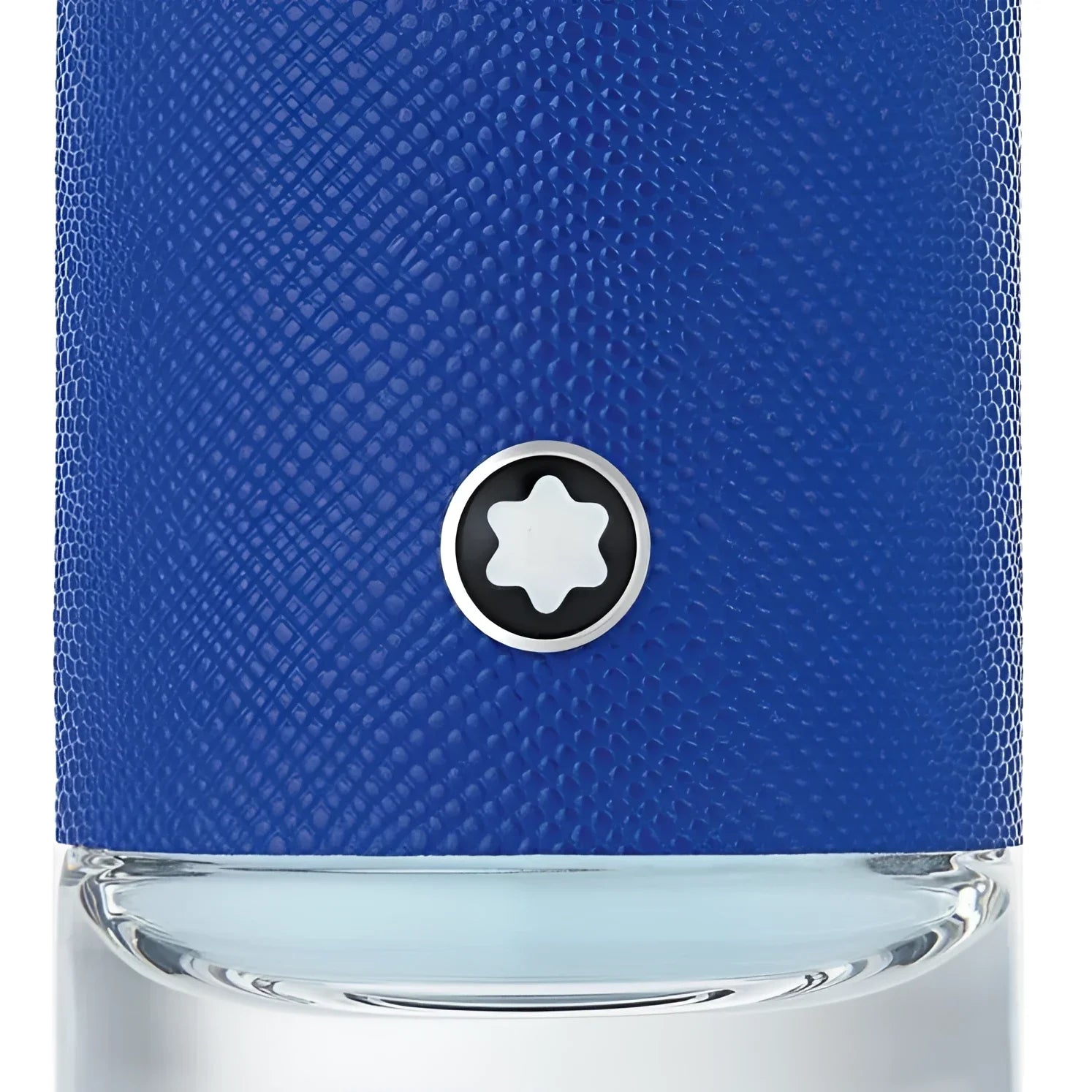 Blue textured leather bottle cap with silver and black montblanc star emblem for montblanc explorer ultra blue charisma refined storytelling